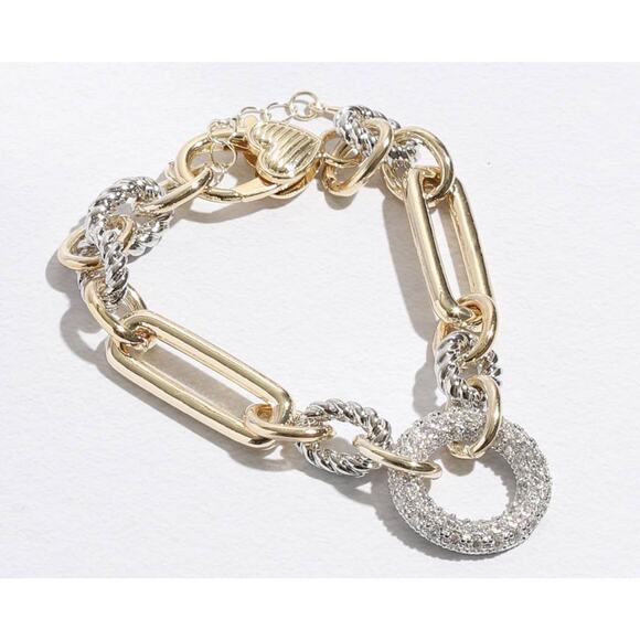 Multi-Toned Chunky Chain Linked CZ Bracelet 6,75 W/ Pave Circle - Picture 2 of 6